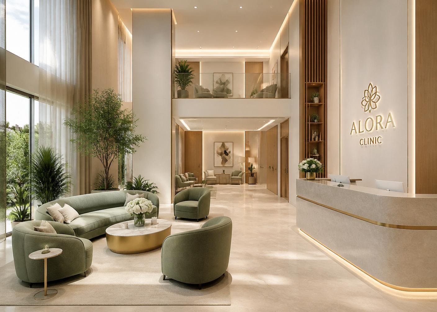 Lobby premium da Horus Clinic com sofás em verde-sálvia